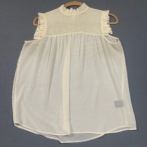 Audrey Lane Womens 2X Cream Smocked‎ Ruffle High Neck Sleeveless Blouse /XR